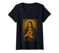 Donna Vergine Maria | Heart Immacolato di Maria | Icona cattolica Maglietta con Collo a V