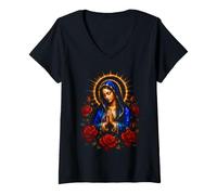 Donna Vergine Maria Pregare con Rose Rosse Cattolica Arte devozionale Maglietta con Collo a V