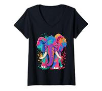 Donna Vernice Colorata Splash Elephant Vibrant Wildlife Pop Art Maglietta con Collo a V