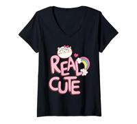 Donna Vero Carino Gatto Cartoon Art Maglietta con Collo a V