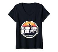 Donna Verso della Bibbia Cristiana Citazione Stand Firm in The Faith Vintage Maglietta con Collo a V