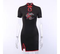 Donna Vestito Cinese Cheongsam Ricamo Dragon Punk Gotico Vintage Tribunale Nero