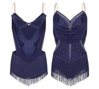 Donna Vestito Latino Americano Abito da Donna ritmico for Ballo di Tango, Strass, Nappe, Body Latino, Rumba cha-cha per Spettacoli(Deep Blue1,XL)