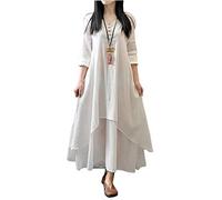 Donna Vestito Lungo Maxi Scollo A V E Maniche Lunghe Abiti Cotone Lino Lunga Casual Asimmetrico Cocktail Abito Bianco M