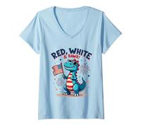 Donna Vestito rosso bianco e Rawr carino dinosauro bandiera USA 4 luglio Maglietta con Collo a V