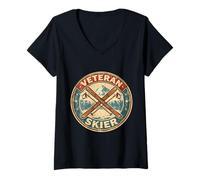 Donna Veterano Sciatore Sci Vintage Uomo Vecchio Sci Nonno Nonno Maglietta con Collo a V