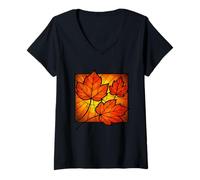 Donna Vetro Colorato Foglie d'Autunno Autunno Vintage Maglietta con Collo a V