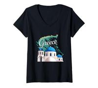 Donna Viaggi Europa Grecia Atene Santorini Creta Greca Vacanze Maglietta con Collo a V