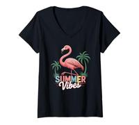 Donna Viaggi Tropicali sulla Spiaggia Carino Fenicottero Maglietta con Collo a V