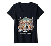 Donna Viaggia a Istanbul - Città dei gatti, Turchia Maglietta con Collo a V