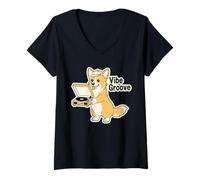 Donna Vibe Groove Retro Corgi - Giradischi in Vinile Vintage Maglietta con Collo a V