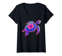 Donna Vibrante oceano rettile mare animale arte floreale tartaruga Maglietta con Collo a V