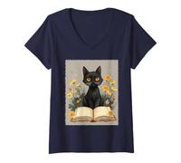 Donna Vibrazioni di Halloween per Gli Amanti dei Libri Black Cat Witchy Maglietta con Collo a V