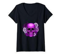 Donna Vibrazioni estive con teschio viola e rose, portare rock´n´roll Maglietta con Collo a V