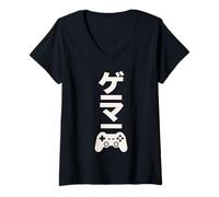 Donna Videogioco Verticale con Joystick Giapponese Lingua Gamer Maglietta con Collo a V
