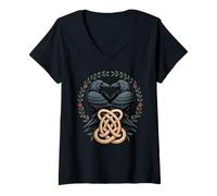Donna Viking Ravens Huginn & Muninn - Nodo Celtico Corvo Nero Maglietta con Collo a V