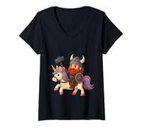 Donna Viking Riding Cute Unicorn Ragazzi Ragazze Uomini Donne Bambini Adulti Maglietta con Collo a V
