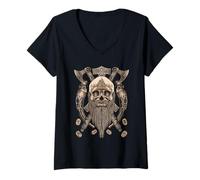 Donna Viking Skull with Beard - Viking Axe - Viking Drinking Horn Maglietta con Collo a V