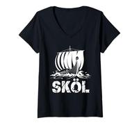 Donna Vikings Warrior Nordic Sköl Norse Skol Maglietta con Collo a V