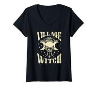 Donna Village Witch Moon Dea Occulta Wicca Maglietta con Collo a V
