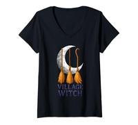 Donna Village Witch - Scope a Mezzaluna, in Policotone, Motivo Geometrico Maglietta con Collo a V