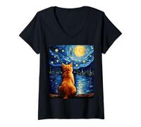 Donna Vincent Van Gogh - Gatto Notturno Stellato, Divertente Amante dei Gatti Arancioni Maglietta con Collo a V