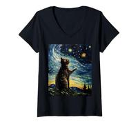 Donna Vincent Van Gogh Starry Night Cat Divertente Gruppo Amante dei Gatti Neri Maglietta con Collo a V