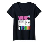 Donna Vino e Techno DJ Club Stile da Festival Maglietta con Collo a V