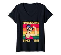Donna Vintage 1991 Regali di Compleanno per Le Donne 35 Anni Nato 1991 Maglietta con Collo a V