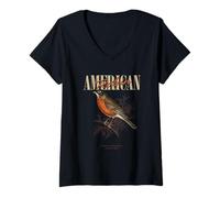 Donna Vintage Americano Robin Bird Art Natura Guardare Maglietta con Collo a V