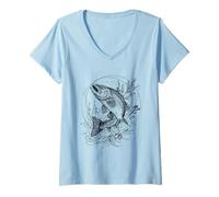 Donna Vintage Art Nouveau Trout Fly Fishing Art Maglietta con Collo a V