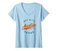 Donna Vintage Austin Bat City Texas Rosso Blu Testo USA Maglietta con Collo a V