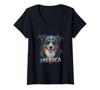 Donna Vintage Australian Shepherd 4 luglio Merica Maglietta con Collo a V