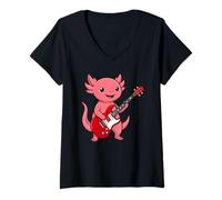 Donna Vintage Axolotl Punk Music Playing Guitar Maglietta con Collo a V