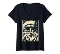 Donna Vintage Babbo Natale Che Indossa Occhiali da Sole retrò Arte di Natale Maglietta con Collo a V