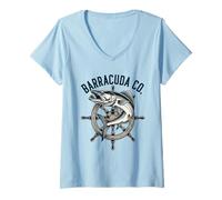 Donna Vintage Barracuda Nautico Elmo Pesca Oceano Maglietta con Collo a V