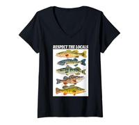 Donna Vintage Bass Fishing Fish Chart Rispetta la gente del posto Maglietta con Collo a V