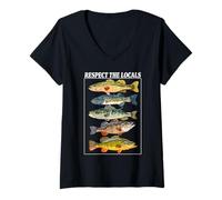 Donna Vintage Bass Fishing Fish Chart Rispetta la gente del posto Maglietta con Collo a V