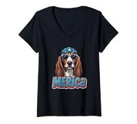 Donna Vintage Basset Hound 4 luglio Merica Maglietta con Collo a V