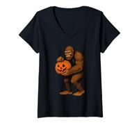 Donna Vintage Bigfoot Rubare Zucca Divertente Halloween Maglietta con Collo a V