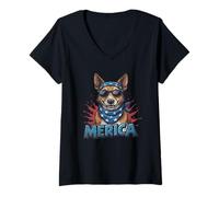 Donna Vintage Blue Heeler 4 luglio Merica Maglietta con Collo a V