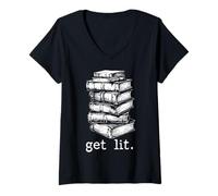 Donna Vintage Book Stack Get Lit Clever Letteratura Libri Amante Maglietta con Collo a V