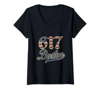 Donna Vintage Boston 617 Codice Area Patriot USA Bandiera Americana Maglietta con Collo a V