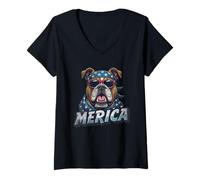 Donna Vintage Bulldog 4 luglio Merica Maglietta con Collo a V