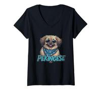 Donna Vintage cane pechinese che indossa occhiali da sole Maglietta con Collo a V