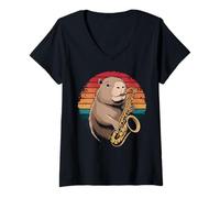 Donna Vintage Capibara Suonare Sassofono Jazz Sax Musicista Saxopho Maglietta con Collo a V