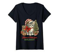 Donna Vintage Cat Christmas Santa Hat Retro Kitten Art Cat Lover Maglietta con Collo a V