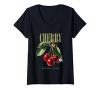 Donna Vintage Cherry Tropical Flavor Organic Fruit Arte Botanica Maglietta con Collo a V