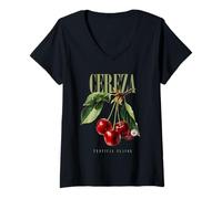 Donna Vintage Cherry Tropical Flavor Organic Fruit Arte Botanica Maglietta con Collo a V