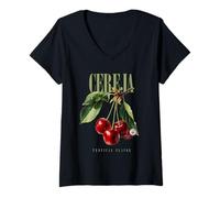 Donna Vintage Cherry Tropical Flavor Organic Fruit Arte Botanica Maglietta con Collo a V